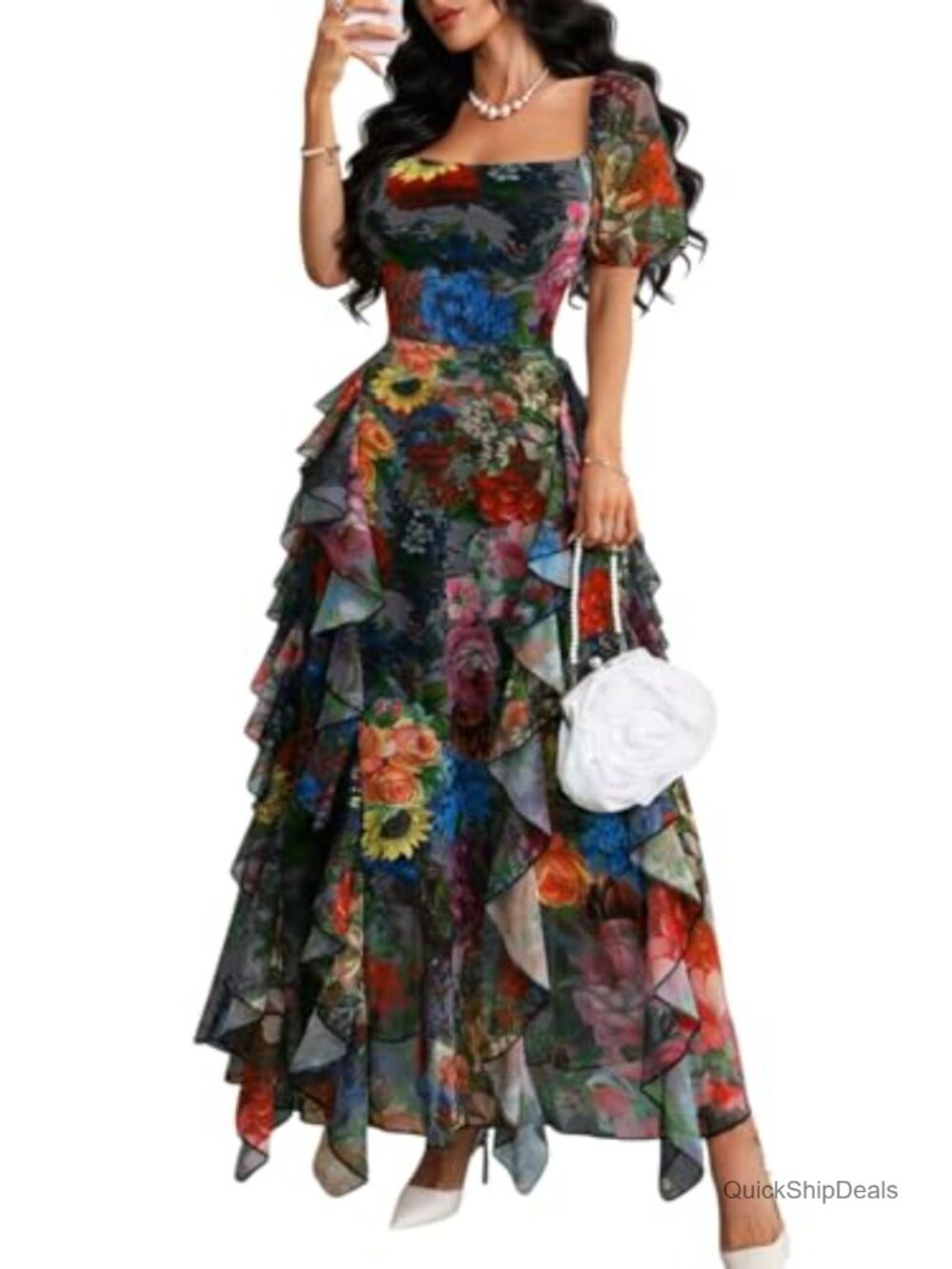 Floral Maxi Dress Square Neck Puff Sleeve Ruffle Mesh Formal Party Dress